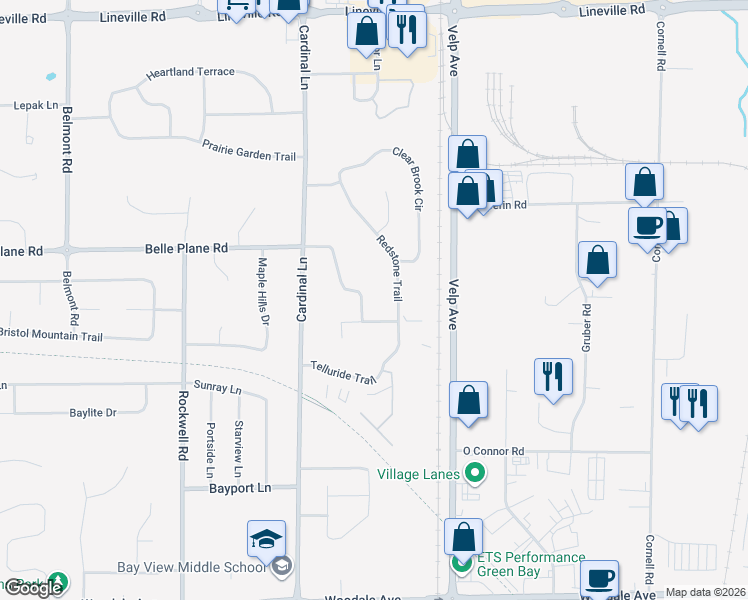map of restaurants, bars, coffee shops, grocery stores, and more near 2522 Silver Cliff Trail in Green Bay
