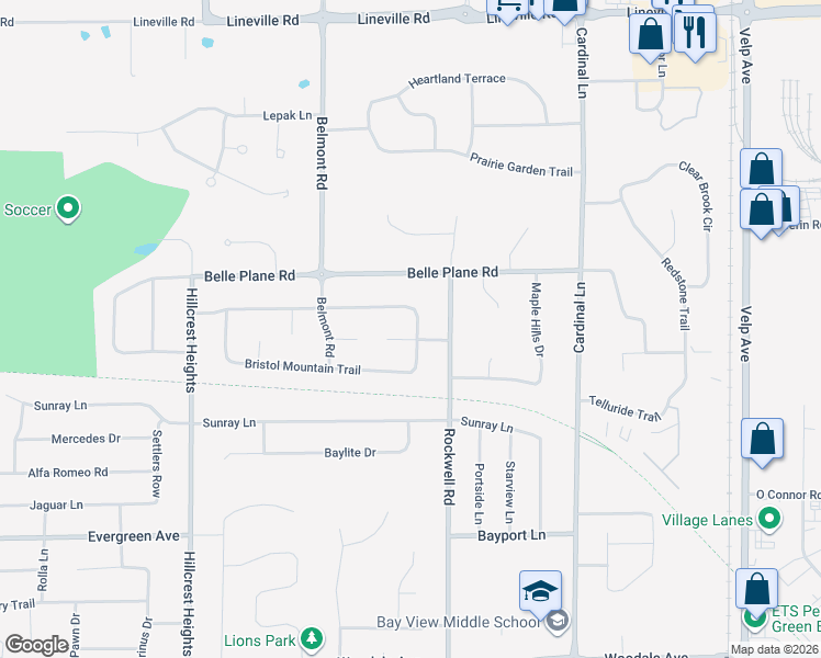 map of restaurants, bars, coffee shops, grocery stores, and more near 2765 Bristol Mountain Trail in Green Bay