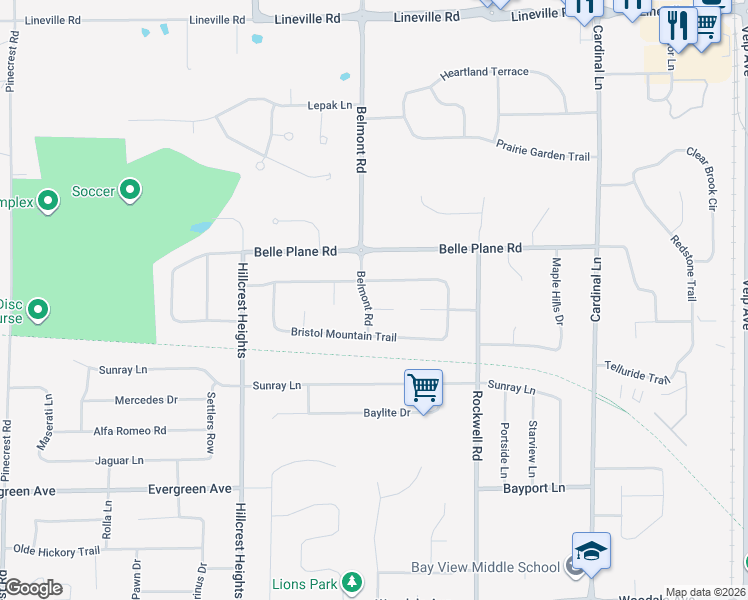 map of restaurants, bars, coffee shops, grocery stores, and more near 2837 Snowbird Court in Green Bay