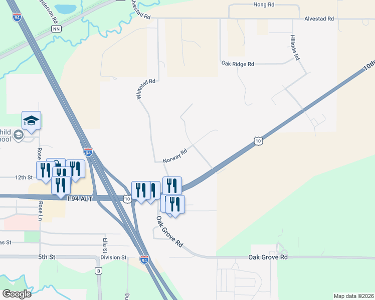 map of restaurants, bars, coffee shops, grocery stores, and more near 12524 Frontage Road in Osseo