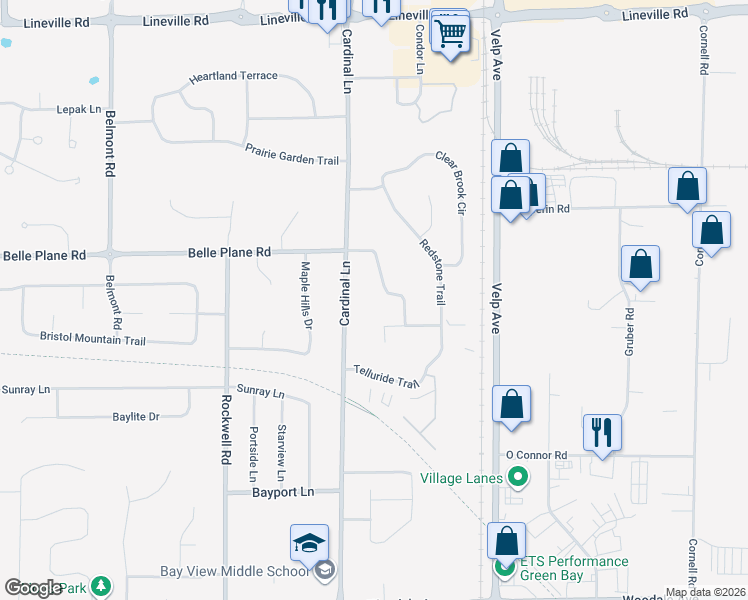 map of restaurants, bars, coffee shops, grocery stores, and more near 2562 Silver Cliff Trail in Green Bay