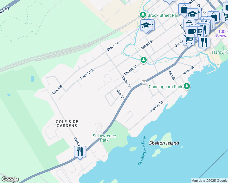 map of restaurants, bars, coffee shops, grocery stores, and more near 1 Wright Crescent in Brockville