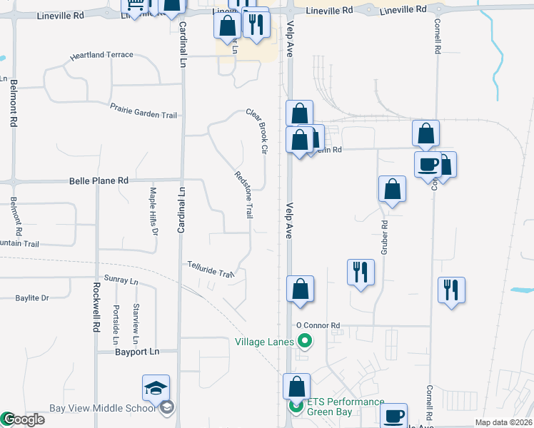 map of restaurants, bars, coffee shops, grocery stores, and more near 1516 Redstone Trail in Green Bay