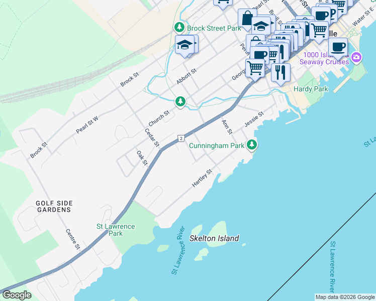 map of restaurants, bars, coffee shops, grocery stores, and more near 26 McCready Street in Brockville