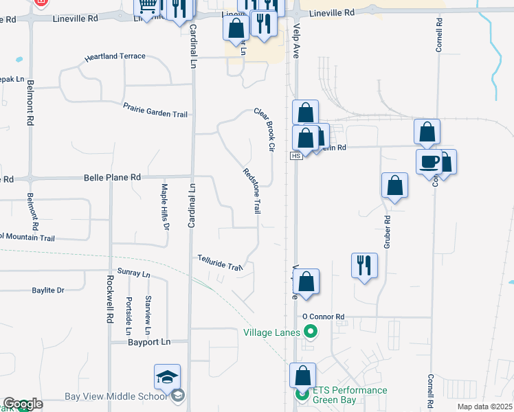 map of restaurants, bars, coffee shops, grocery stores, and more near 2435 Clear Brook Circle in Green Bay
