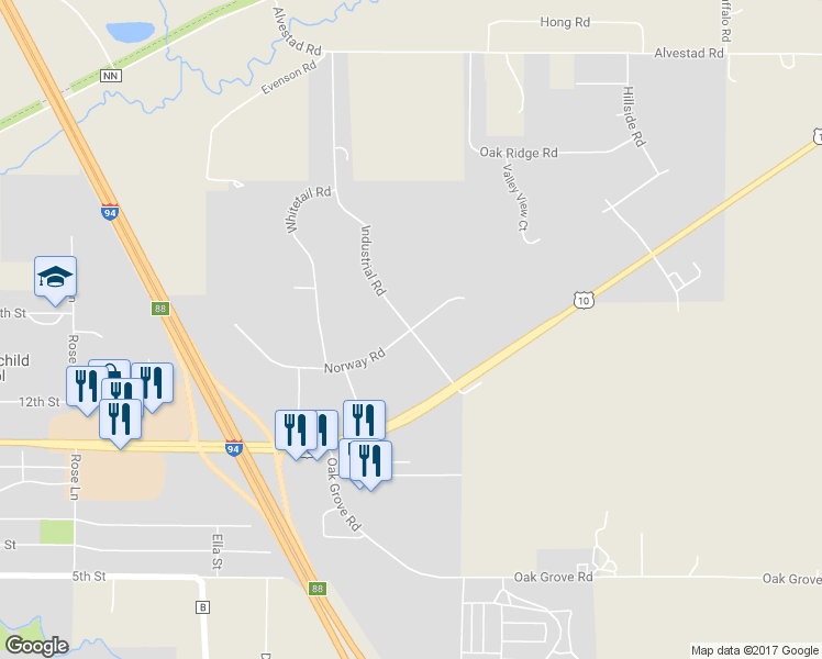 map of restaurants, bars, coffee shops, grocery stores, and more near Norway Road in Osseo