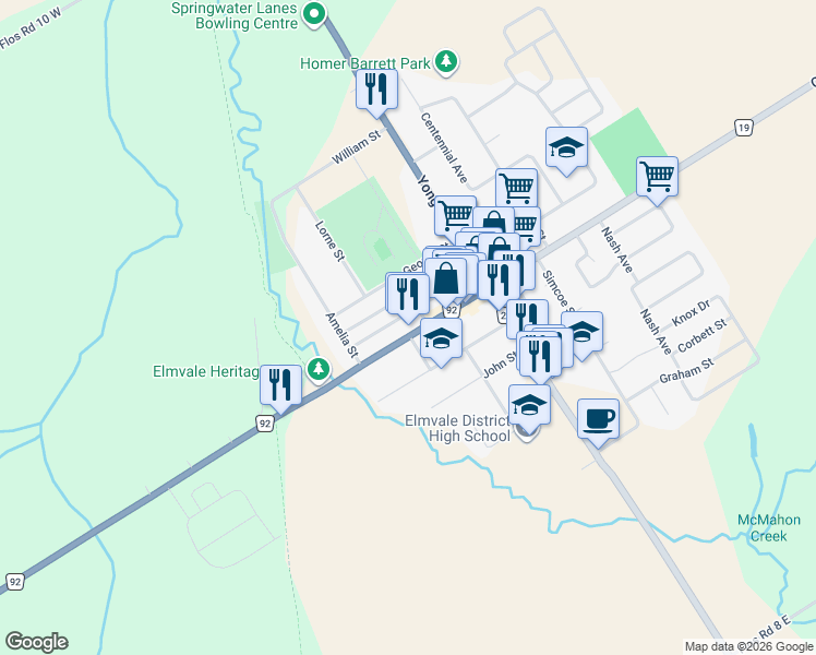 map of restaurants, bars, coffee shops, grocery stores, and more near 18 Maria Street in Elmvale