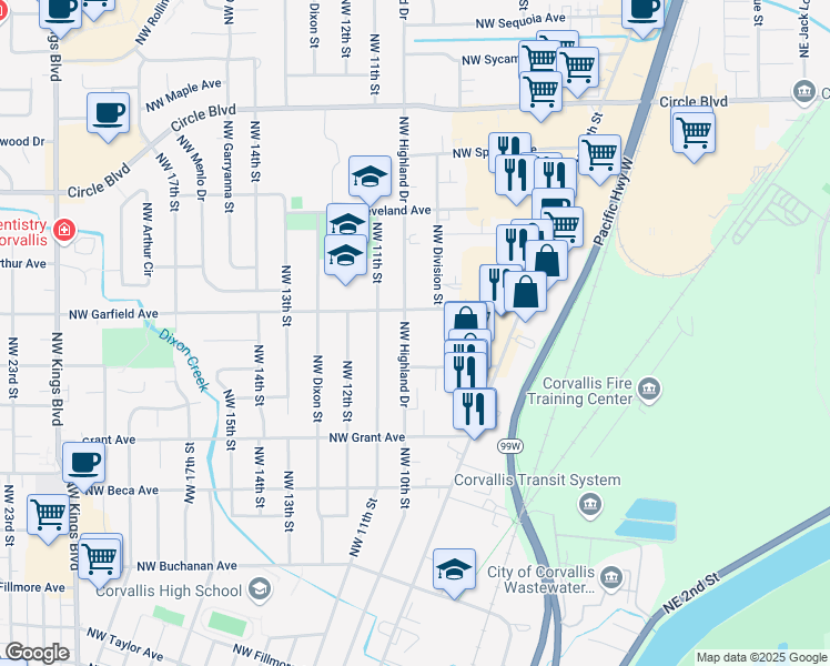 map of restaurants, bars, coffee shops, grocery stores, and more near 1561 Northwest Highland Drive in Corvallis