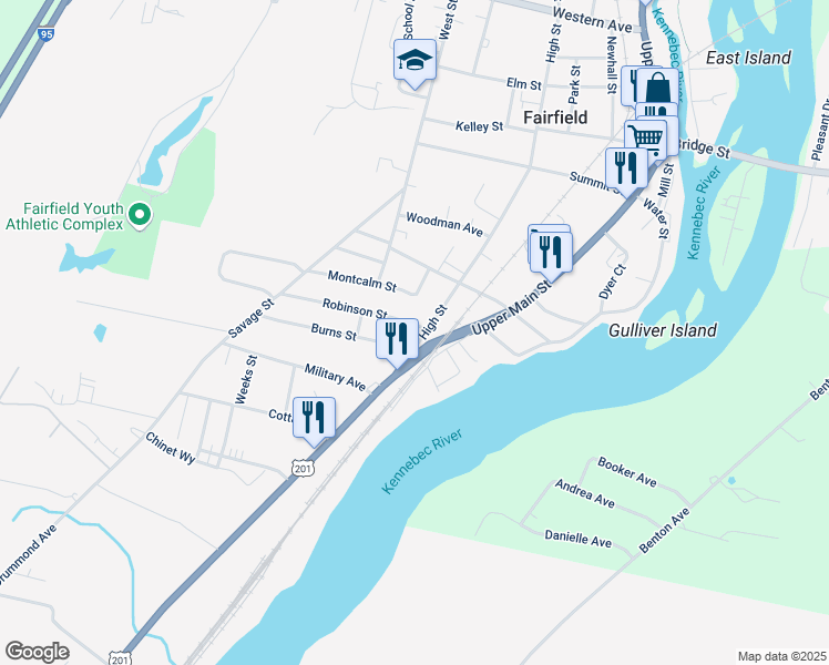 map of restaurants, bars, coffee shops, grocery stores, and more near 6 Robinson Street in Fairfield