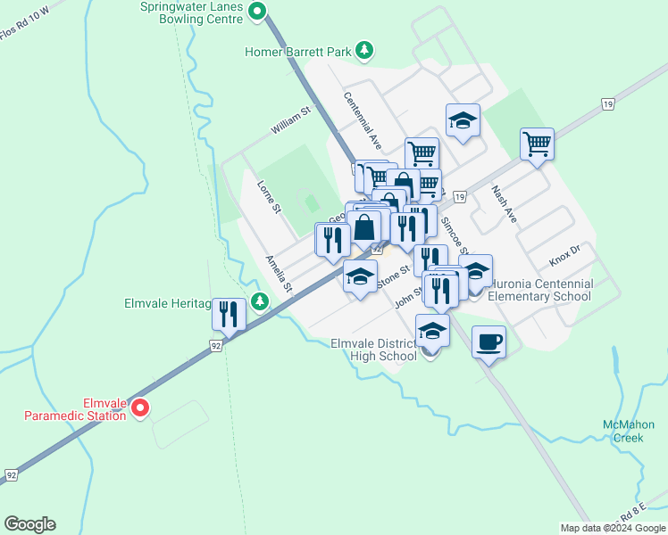 map of restaurants, bars, coffee shops, grocery stores, and more near 6 Maria Street in Elmvale