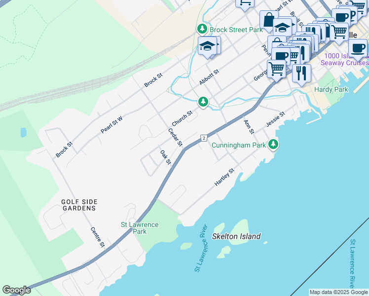 map of restaurants, bars, coffee shops, grocery stores, and more near 450 King Street West in Brockville