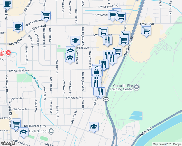 map of restaurants, bars, coffee shops, grocery stores, and more near 970 Northwest Garfield Avenue in Corvallis