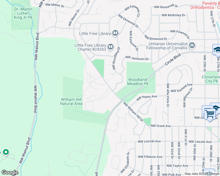 map of restaurants, bars, coffee shops, grocery stores, and more near 4014 Northwest Witham Hill Drive in Corvallis