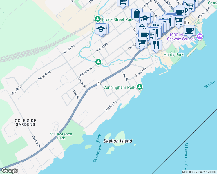 map of restaurants, bars, coffee shops, grocery stores, and more near 44 Sherwood Street in Brockville