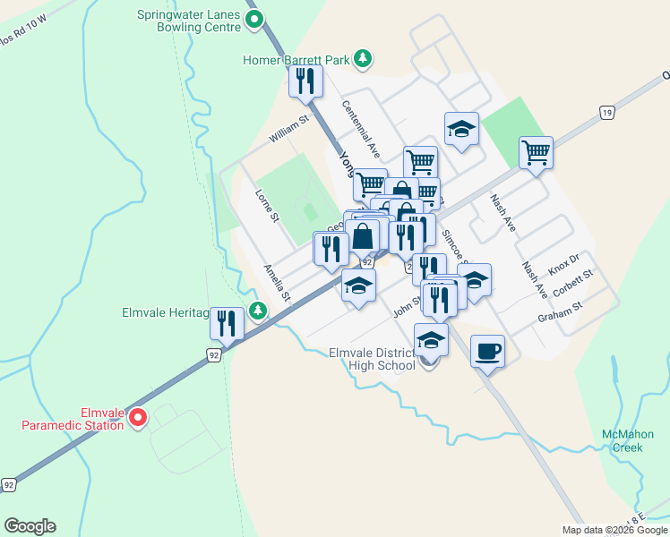 map of restaurants, bars, coffee shops, grocery stores, and more near 6 Maria Street in Elmvale