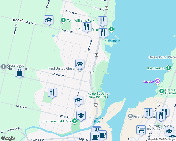 map of restaurants, bars, coffee shops, grocery stores, and more near 350 21st Street West in Owen Sound