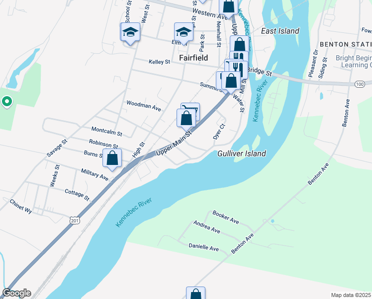 map of restaurants, bars, coffee shops, grocery stores, and more near 76 Main Street in Waterville