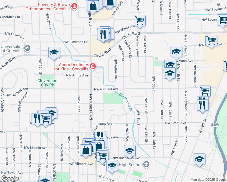 map of restaurants, bars, coffee shops, grocery stores, and more near 1800 Northwest Garfield Avenue in Corvallis