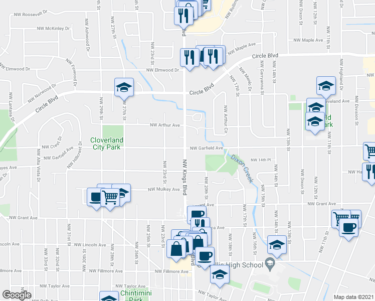 map of restaurants, bars, coffee shops, grocery stores, and more near 2050 Northwest Garfield Avenue in Corvallis