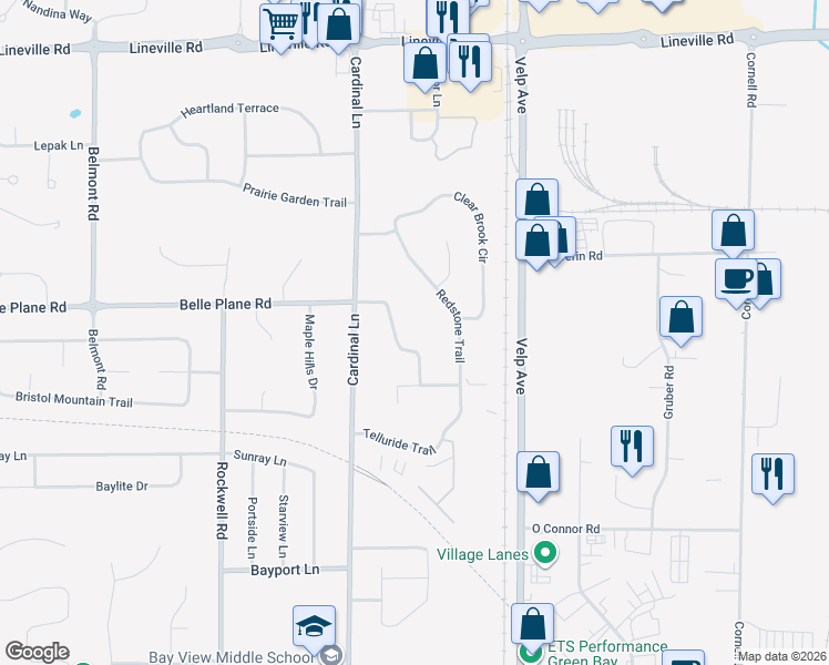 map of restaurants, bars, coffee shops, grocery stores, and more near 1569 Redstone Trail in Green Bay