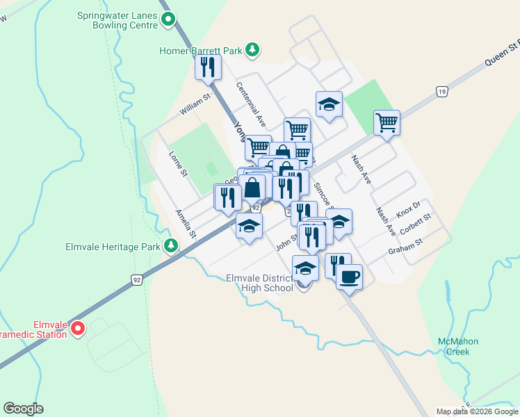 map of restaurants, bars, coffee shops, grocery stores, and more near 23 County Road 92 in Elmvale