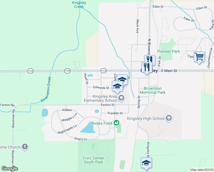 map of restaurants, bars, coffee shops, grocery stores, and more near 501-599 Edwards Street in Kingsley