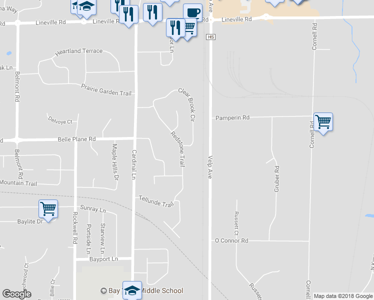 map of restaurants, bars, coffee shops, grocery stores, and more near 2435 Clear Brook Circle in Green Bay