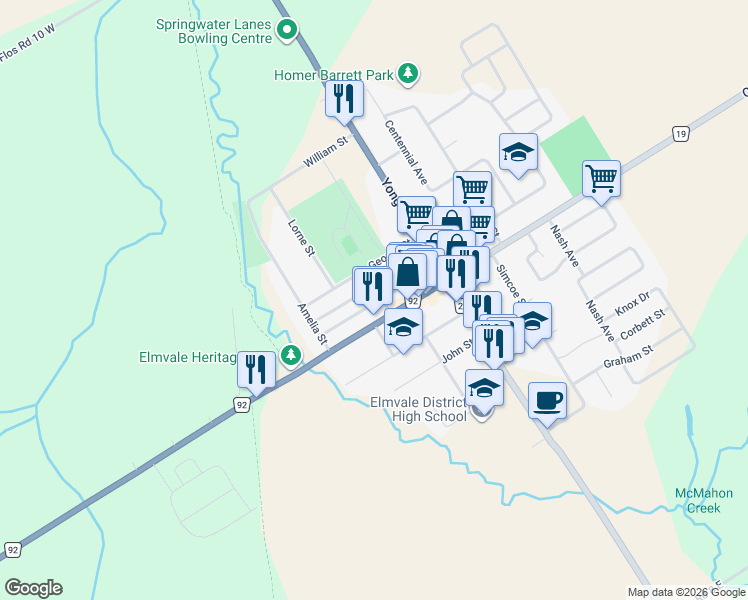 map of restaurants, bars, coffee shops, grocery stores, and more near 18 Maria Street in Elmvale