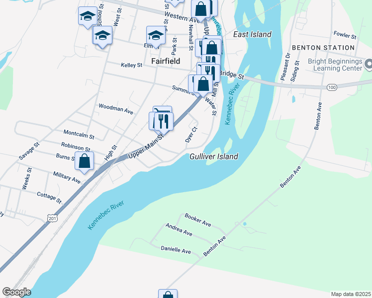 map of restaurants, bars, coffee shops, grocery stores, and more near 17 Water St in Fairfield