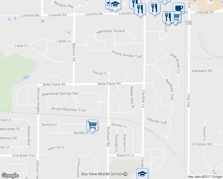 map of restaurants, bars, coffee shops, grocery stores, and more near 1550 Rockwell Road in Green Bay