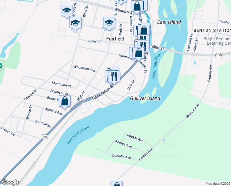 map of restaurants, bars, coffee shops, grocery stores, and more near 10 Pleasant Street in Fairfield