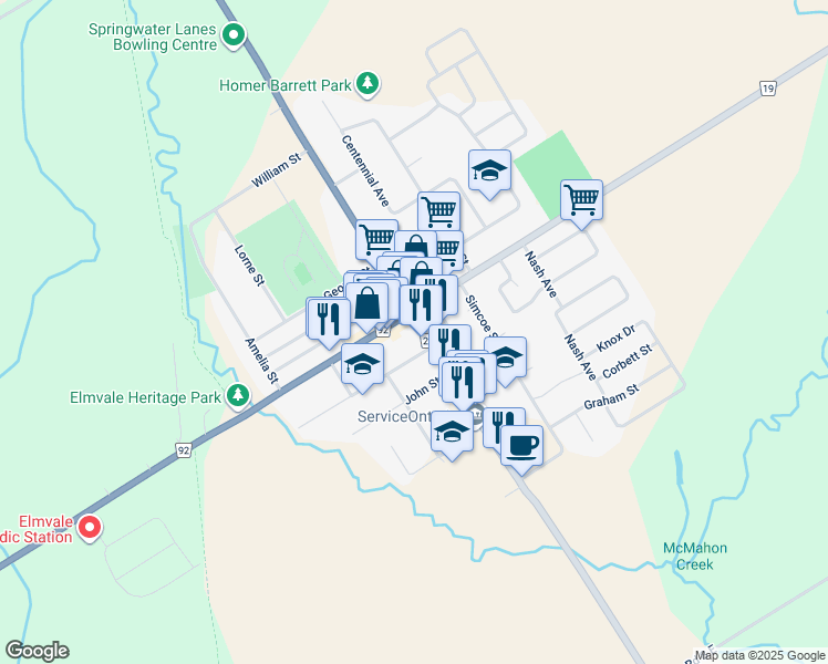 map of restaurants, bars, coffee shops, grocery stores, and more near 6 Yonge Street South in Elmvale