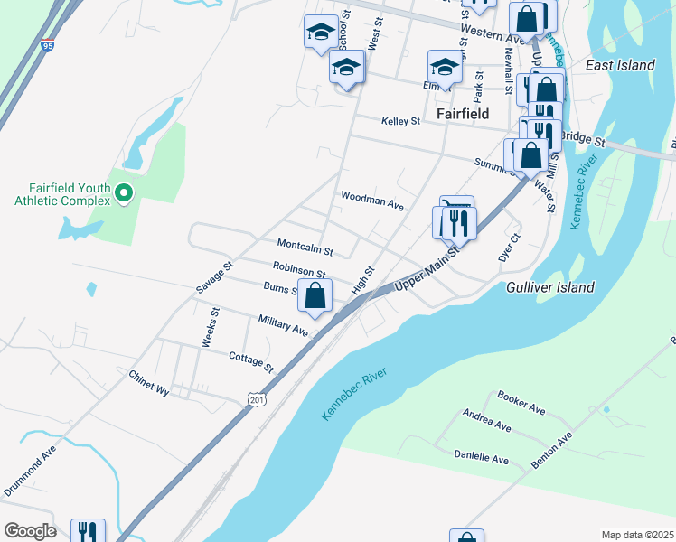 map of restaurants, bars, coffee shops, grocery stores, and more near 6 Robinson Street in Fairfield