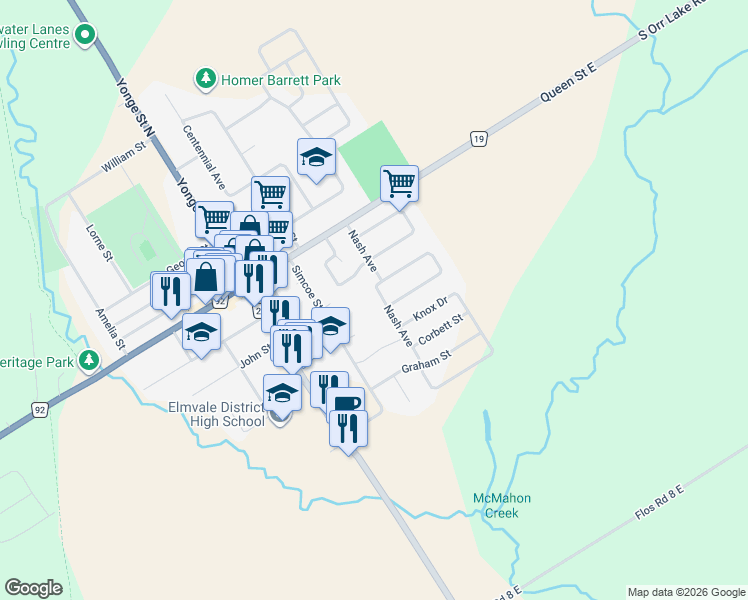 map of restaurants, bars, coffee shops, grocery stores, and more near 30 Nash Avenue in Springwater