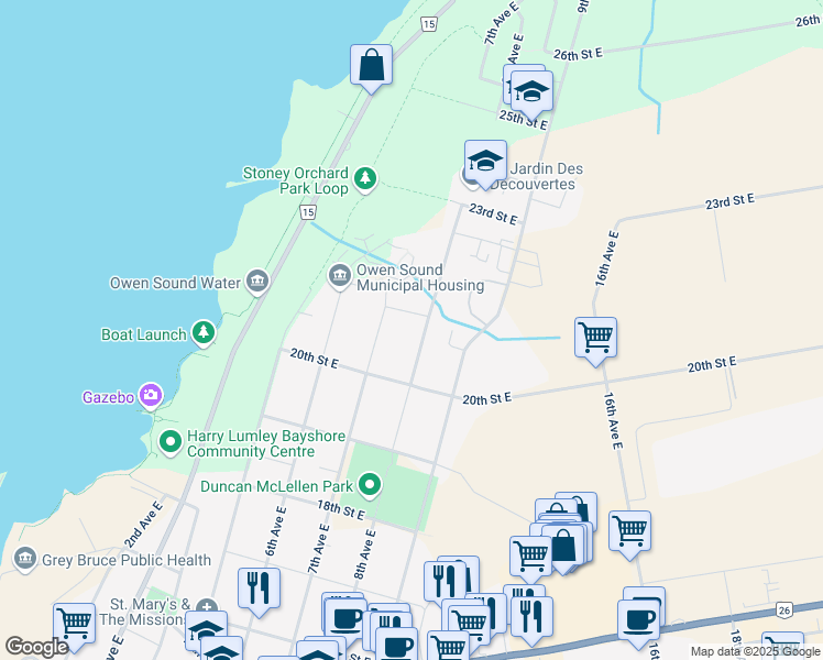 map of restaurants, bars, coffee shops, grocery stores, and more near 2086 8th Avenue East in Owen Sound