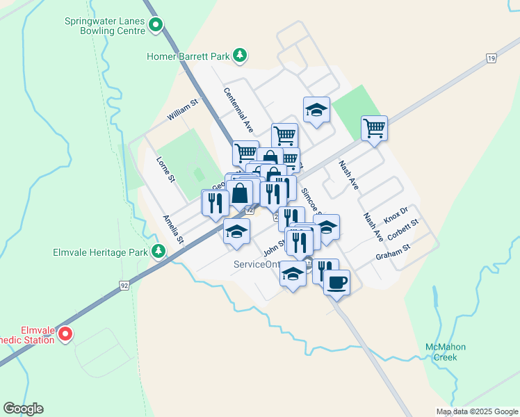 map of restaurants, bars, coffee shops, grocery stores, and more near in Elmvale