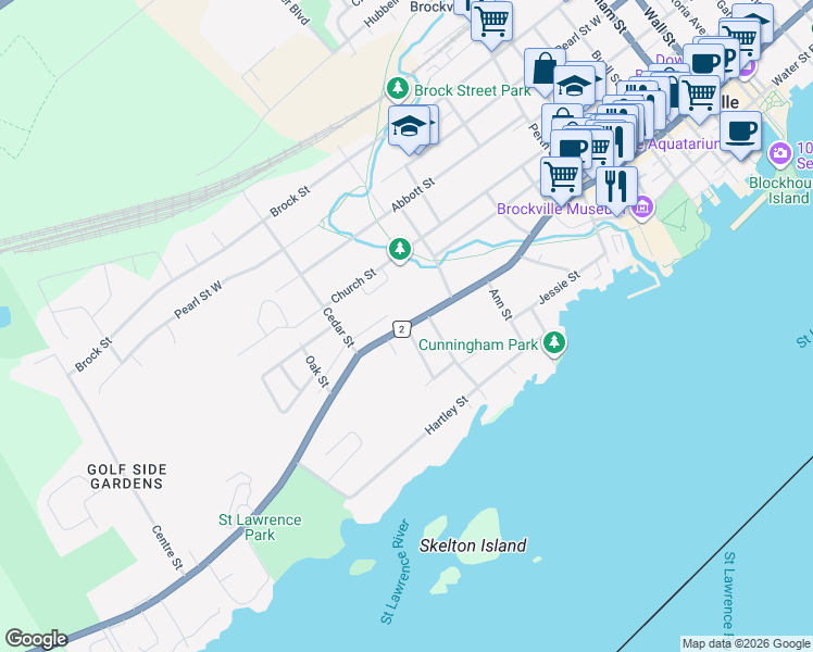 map of restaurants, bars, coffee shops, grocery stores, and more near King Street West in Brockville