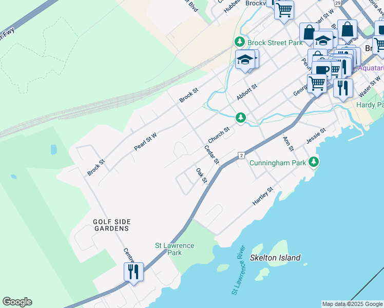 map of restaurants, bars, coffee shops, grocery stores, and more near Church Street in Brockville