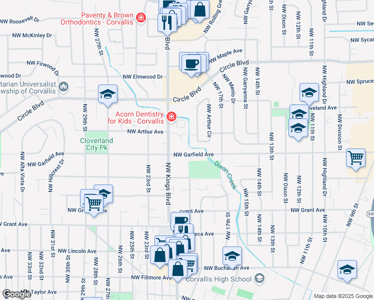 map of restaurants, bars, coffee shops, grocery stores, and more near 1970 Northwest Garfield Avenue in Corvallis