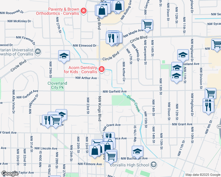 map of restaurants, bars, coffee shops, grocery stores, and more near 1970 Northwest Garfield Avenue in Corvallis