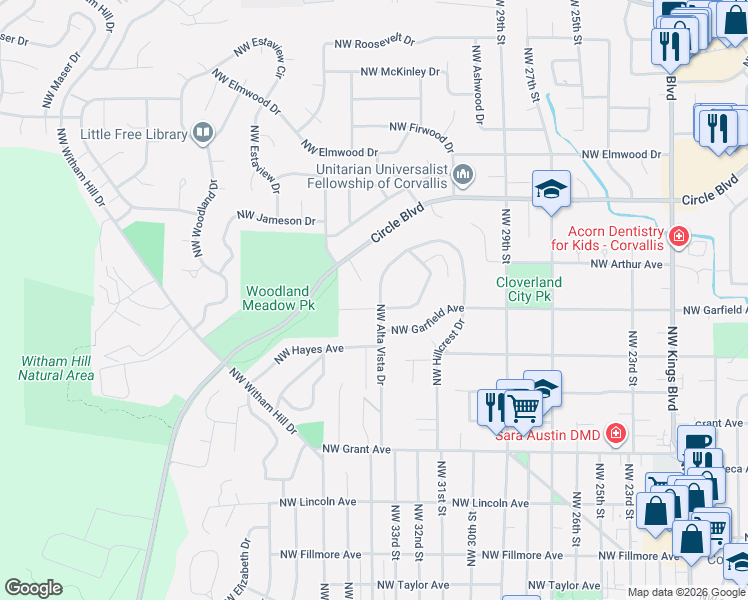 map of restaurants, bars, coffee shops, grocery stores, and more near 3415 Northwest Crest Drive in Corvallis