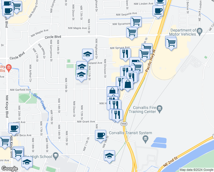 map of restaurants, bars, coffee shops, grocery stores, and more near 970 Northwest Garfield Avenue in Corvallis