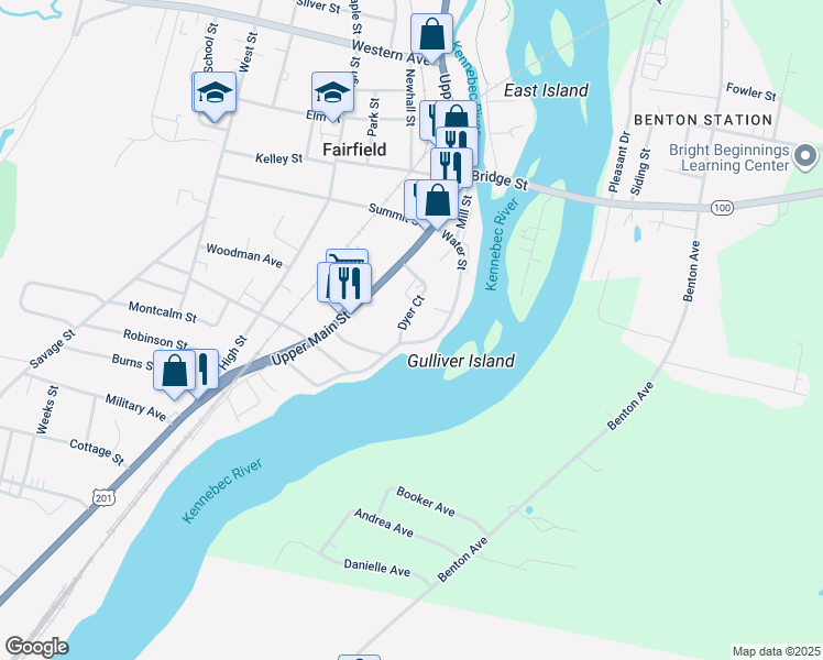map of restaurants, bars, coffee shops, grocery stores, and more near 17 Water Street in Fairfield