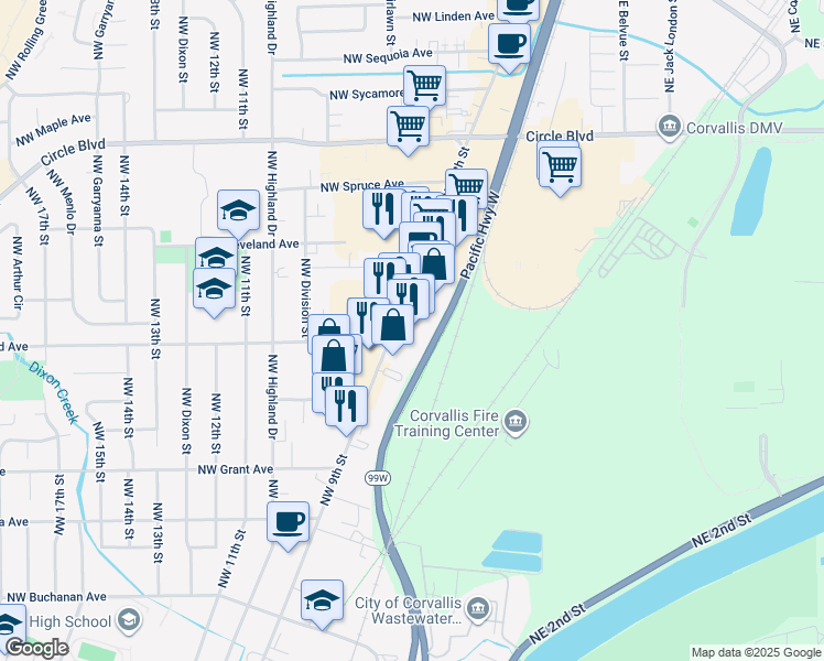 map of restaurants, bars, coffee shops, grocery stores, and more near 1705 Northwest 9th Street in Corvallis