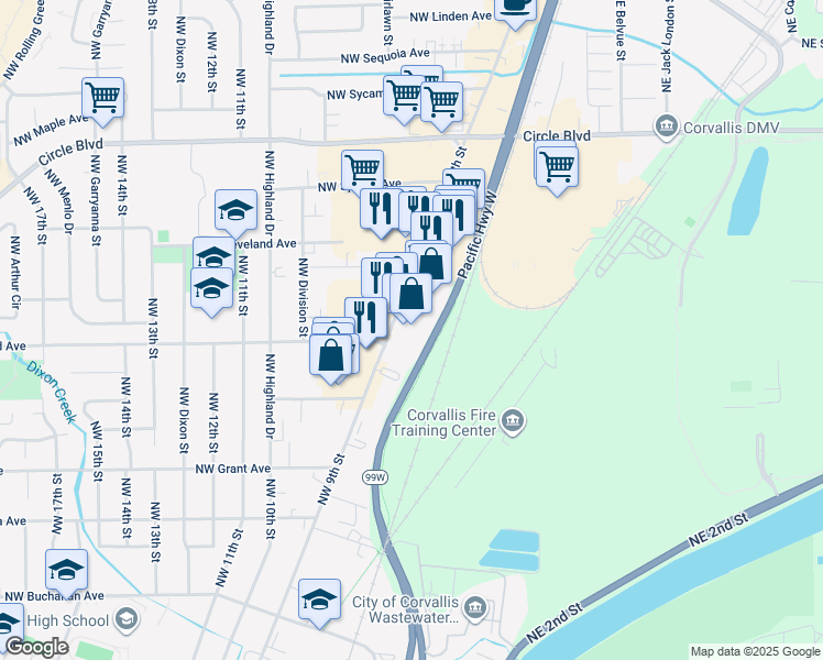 map of restaurants, bars, coffee shops, grocery stores, and more near 1705 Northwest 9th Street in Corvallis