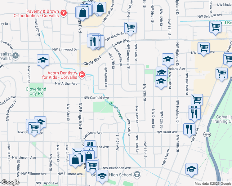 map of restaurants, bars, coffee shops, grocery stores, and more near 1580 Northwest 17th Street in Corvallis