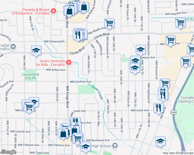 map of restaurants, bars, coffee shops, grocery stores, and more near 1580 Northwest 17th Street in Corvallis