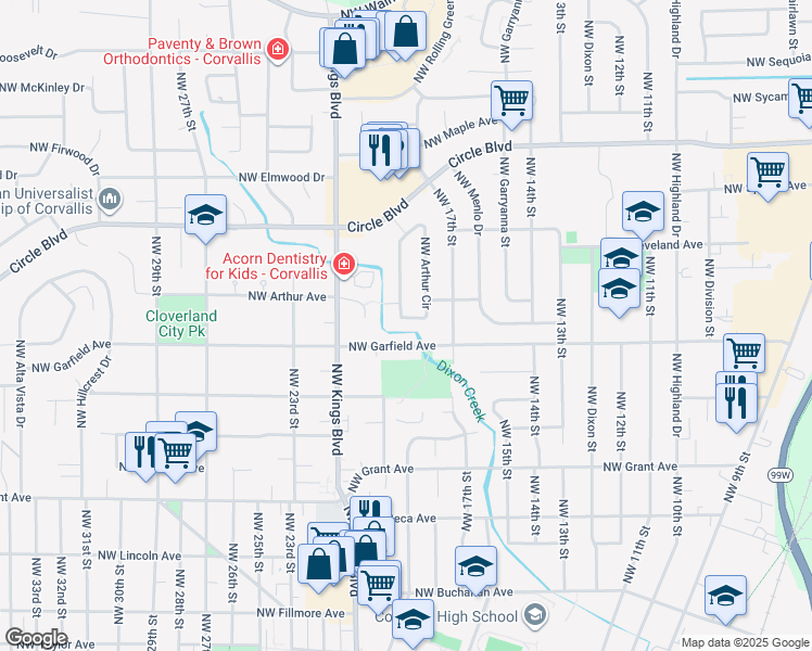 map of restaurants, bars, coffee shops, grocery stores, and more near 1800 Northwest Garfield Avenue in Corvallis