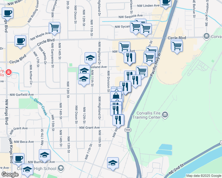 map of restaurants, bars, coffee shops, grocery stores, and more near 970 Northwest Garfield Avenue in Corvallis