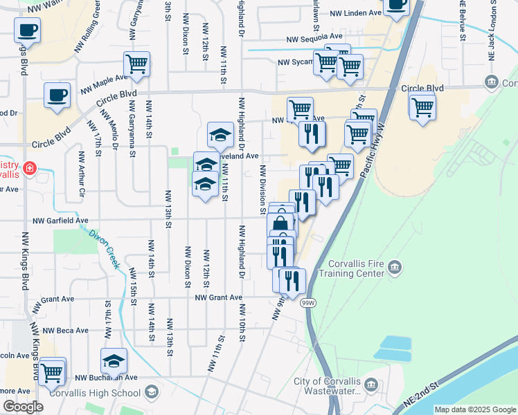 map of restaurants, bars, coffee shops, grocery stores, and more near 970 Northwest Garfield Avenue in Corvallis